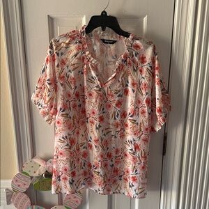 Allegra K Cream Floral Ruffle V-Neck Short Sleeve Blouse